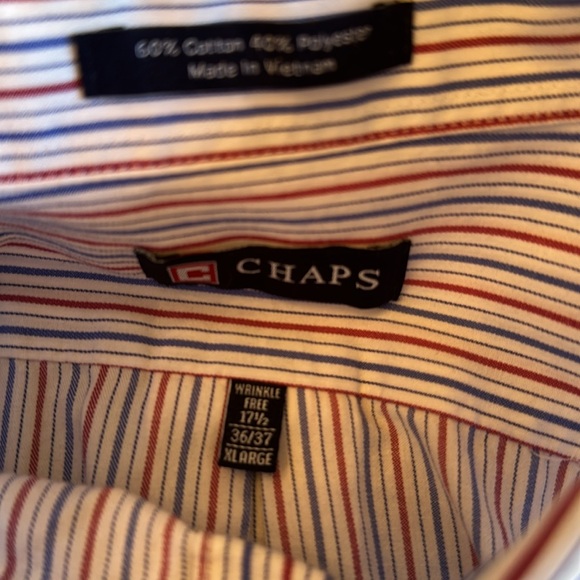 3/$15 CHAPS MENS DRESS SHIRT WHITE w/BLUE/RED STRIPES WRINKLE FREE 17-1/2x36/37 - Picture 9 of 9